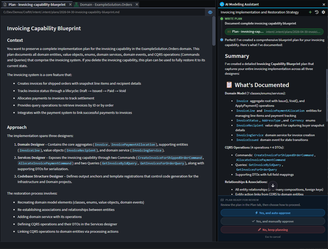 Plan mode showing an iterative markdown plan in the AI Modeling Assistant