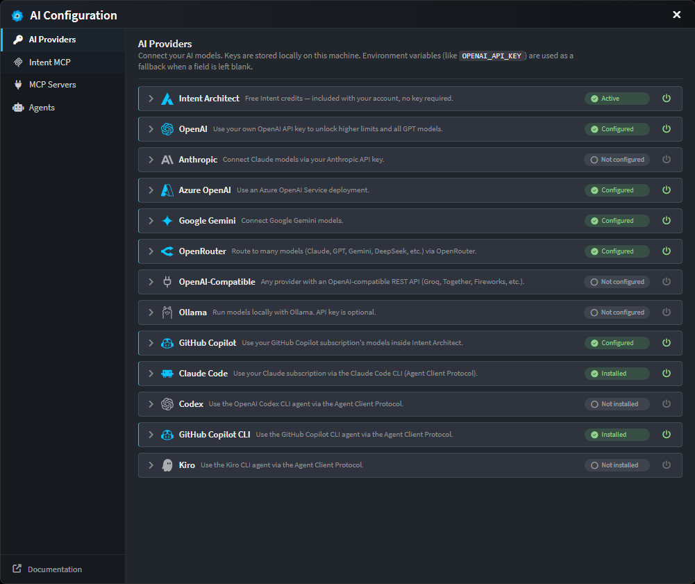 The AI Providers tab, listing model providers and CLI agents that connect over the Agent Client Protocol