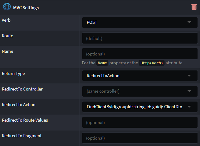 An example of MVC Settings on an operation