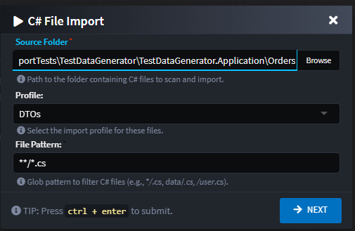 Import dialog