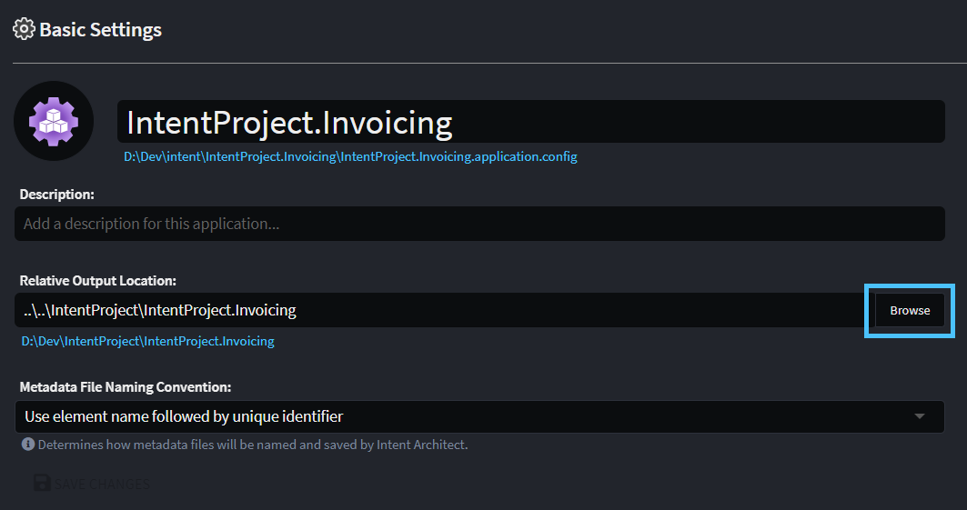 Application settings screen with browse button next to relative output location