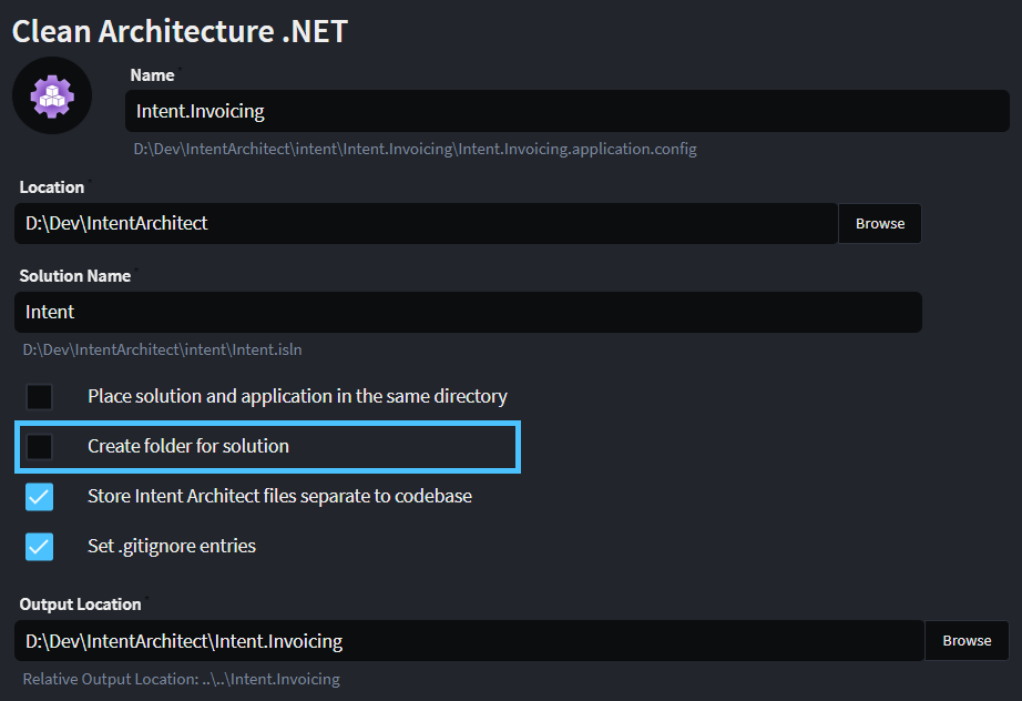 Create solution dialogue with new option to create a solution folder