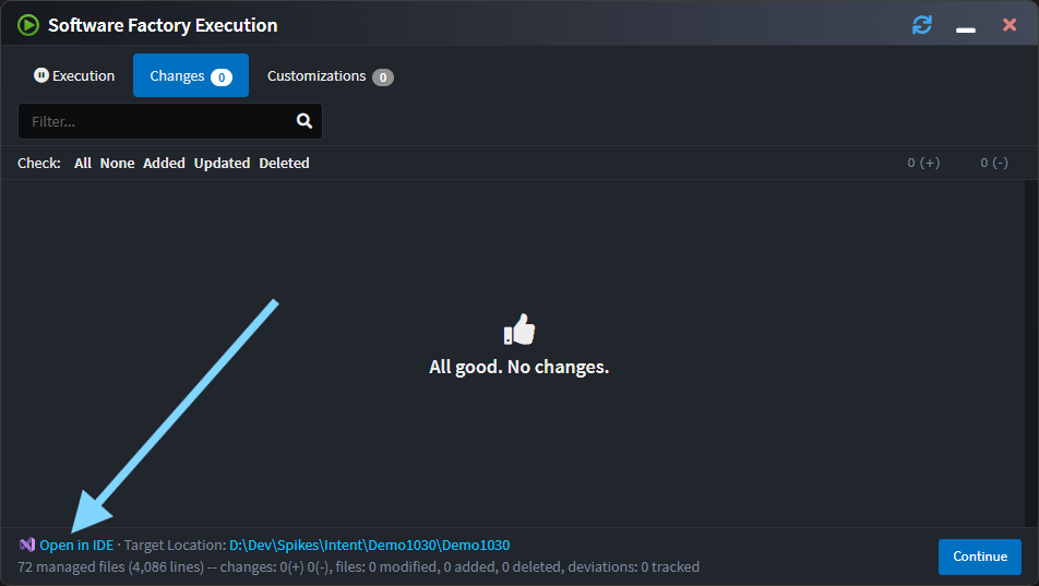 Open in IDE feature on the Software Factory screen