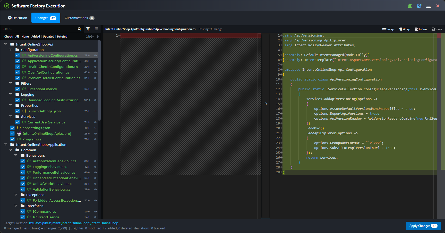 Screenshot of the Software Factory with a diff tool integrated