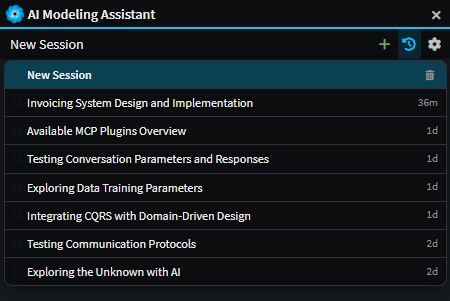 Conversation history dropdown in the AI Modeling Assistant