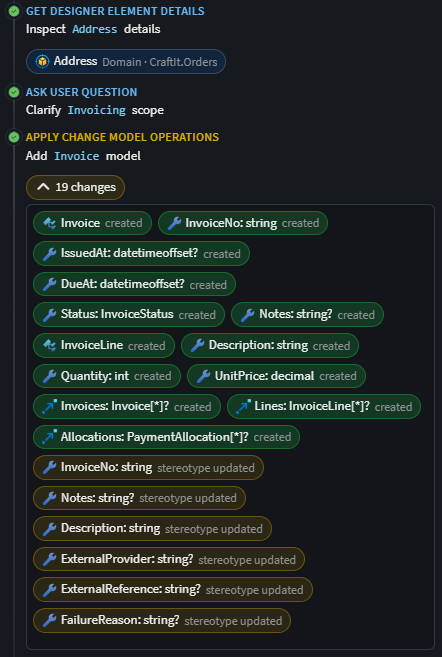 Tool-call chips showing reads, creates and updates from an AI chat