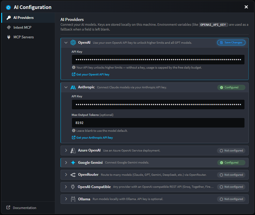 AI Configuration dialog with provider API keys