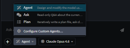 Custom Agents menu in the AI chat