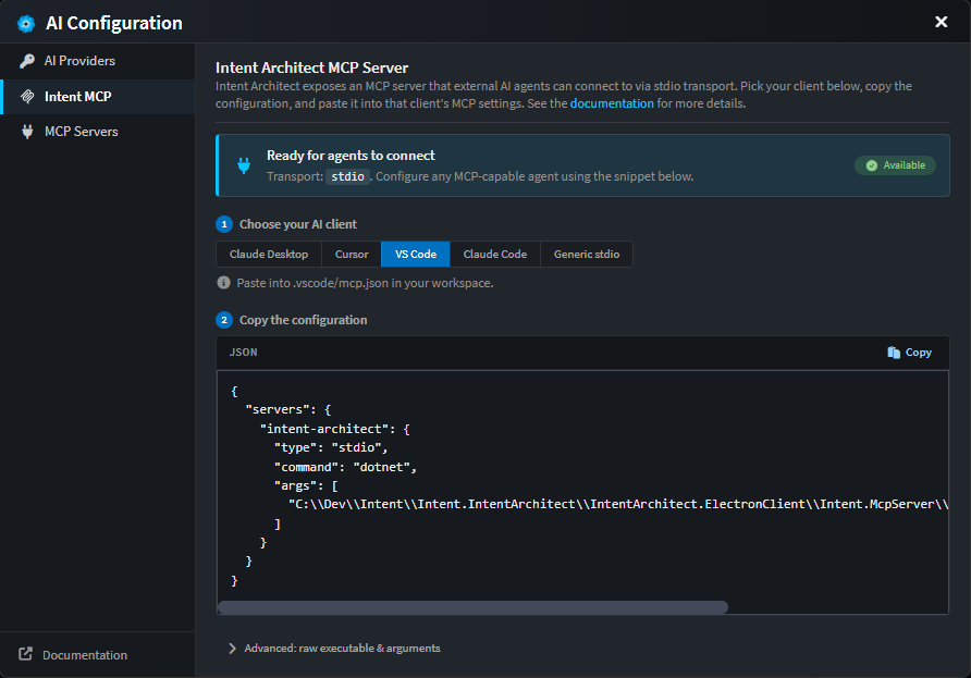 Intent MCP configuration tab in the AI Configuration dialog