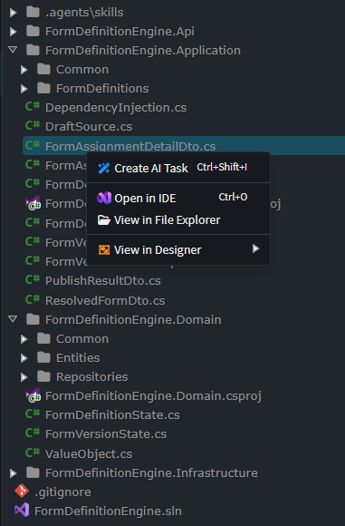 Codebase Explorer context menu with Create AI Task and View in Designer
