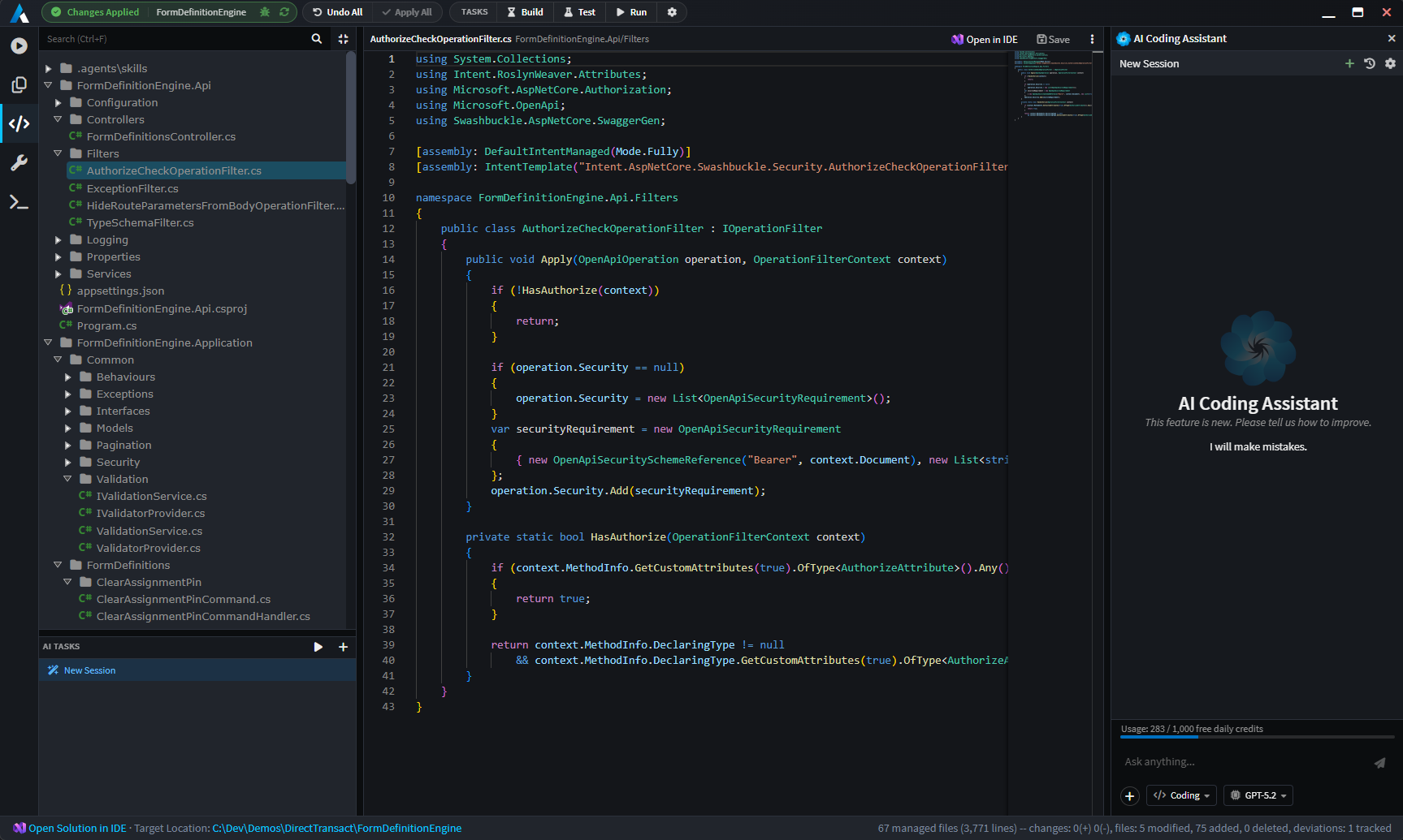 Software Factory layout showing the new sidebar tabs and AI assistant