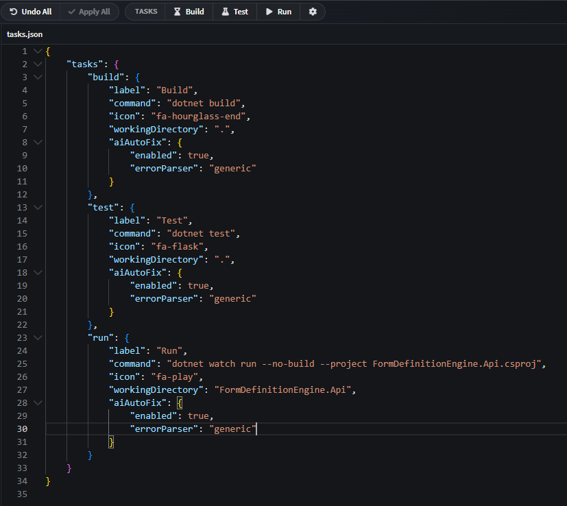 Example tasks.json with build, test and run task definitions