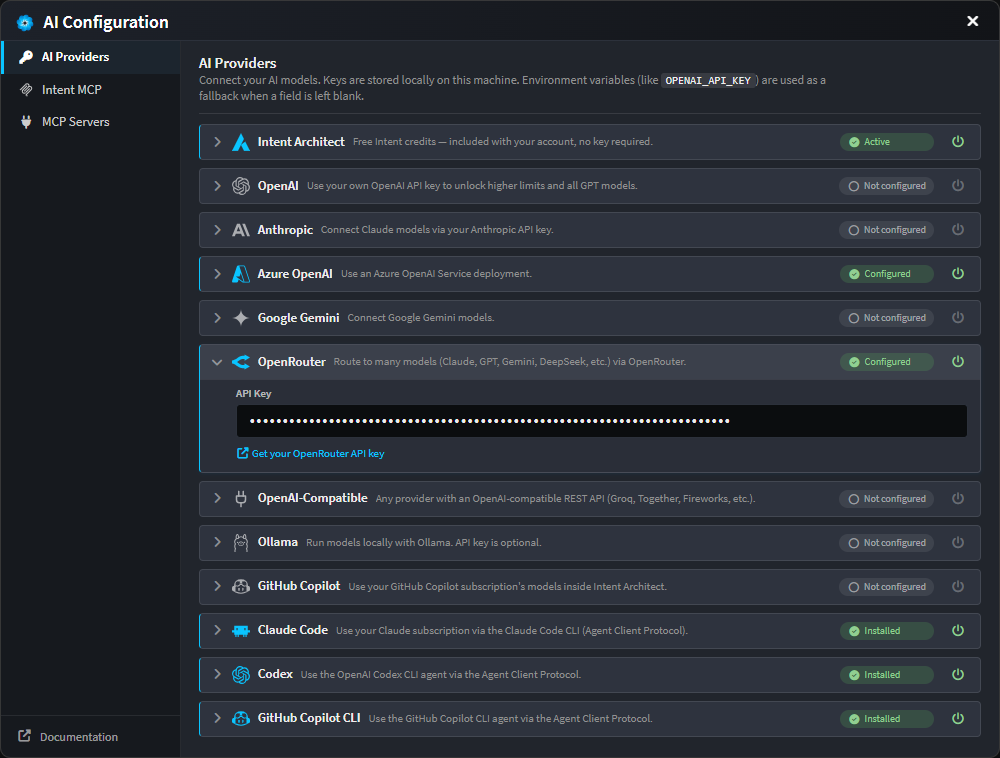 The redesigned AI configuration dialog