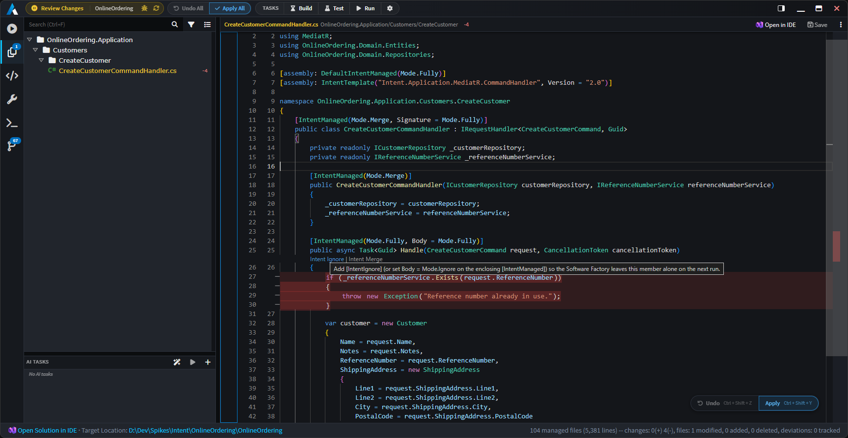 Intent Ignore and Intent Merge code lenses above a diff hunk