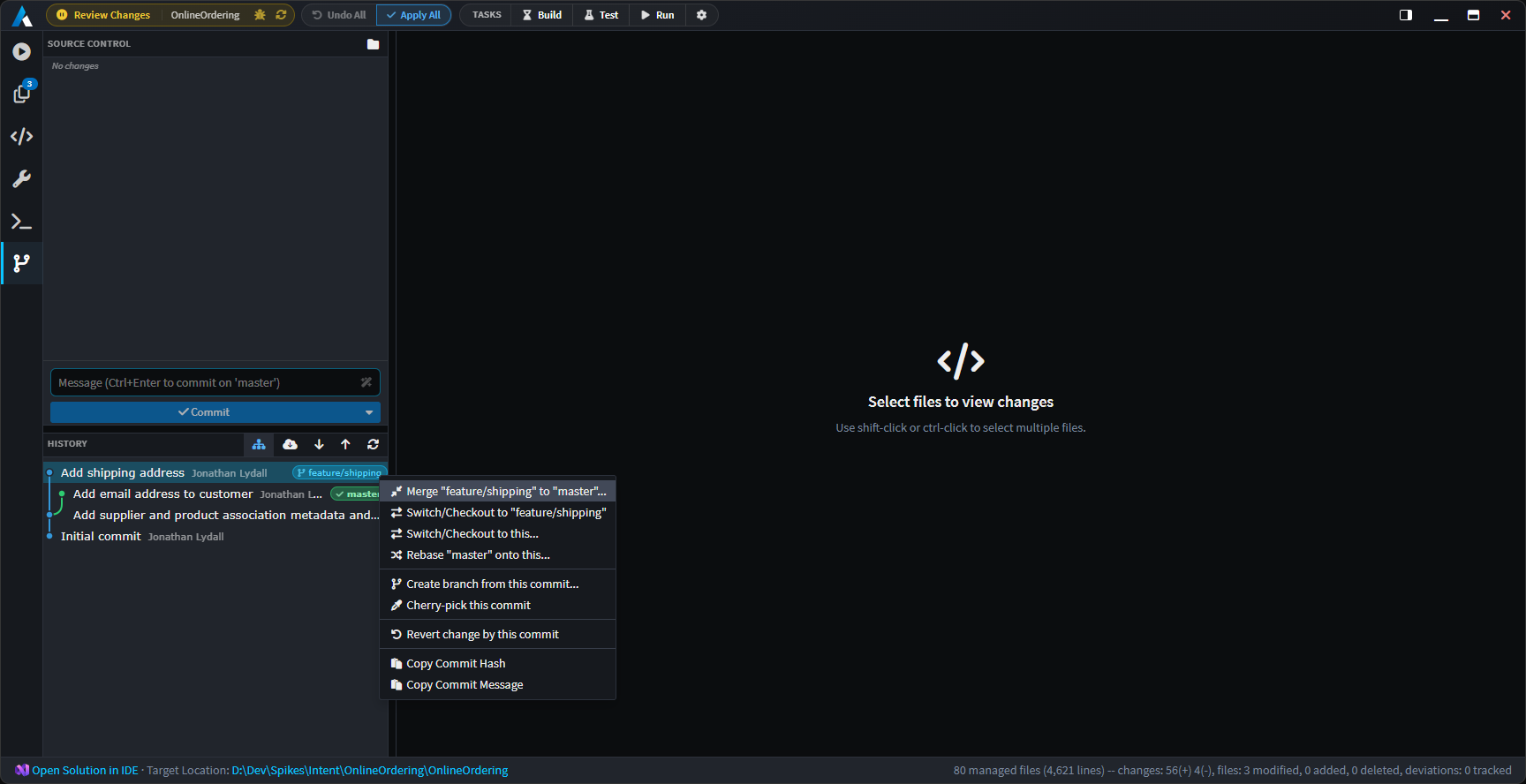 Visual commit graph with history actions