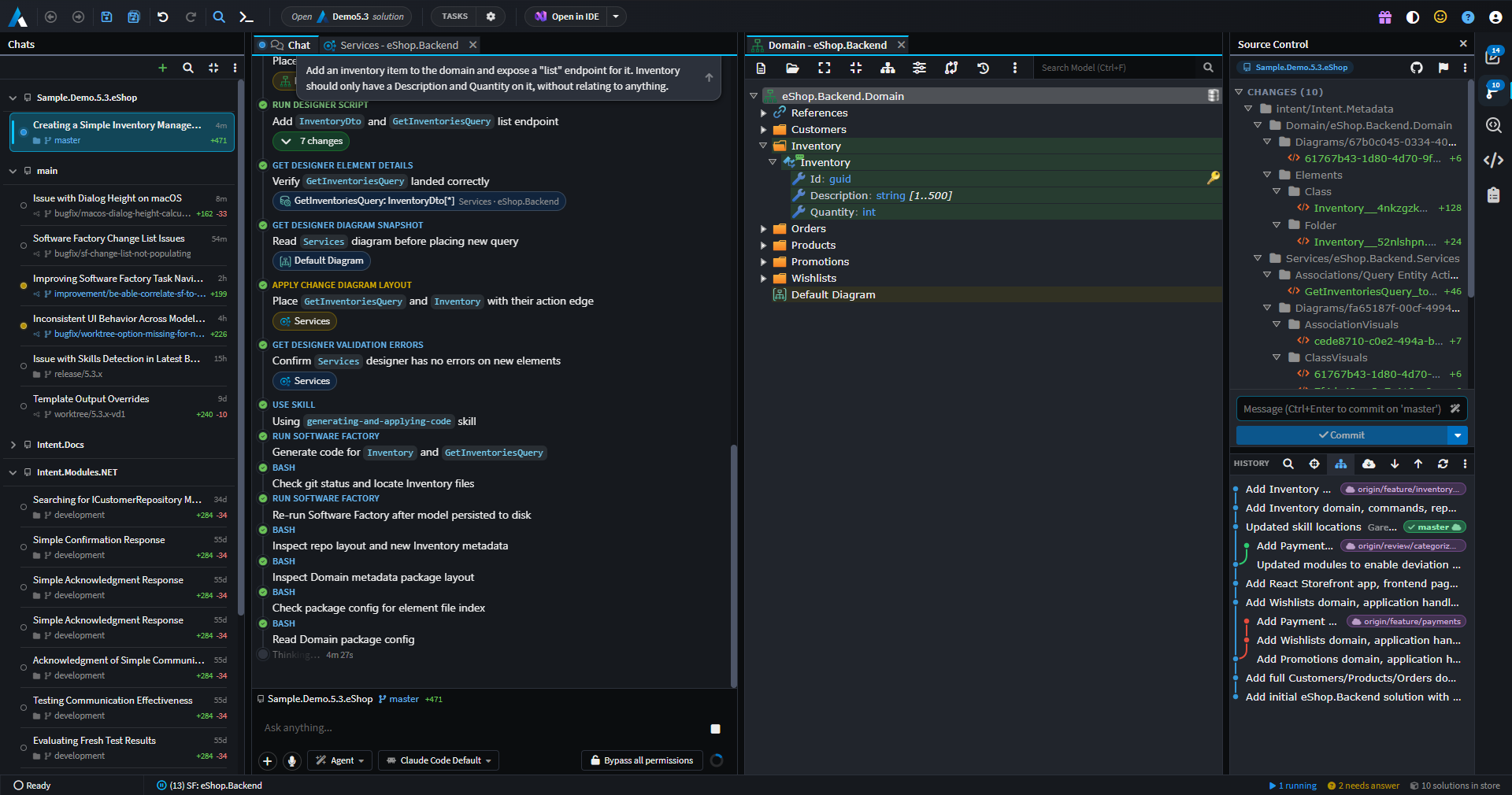 The Manage Agents window with a designer open beside the chat and Source Control in the right panel