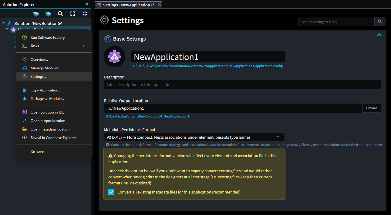 Settings tab showing changing of persistence format