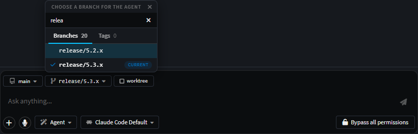 The composer's dispatch chips - folder, branch, worktree and solution