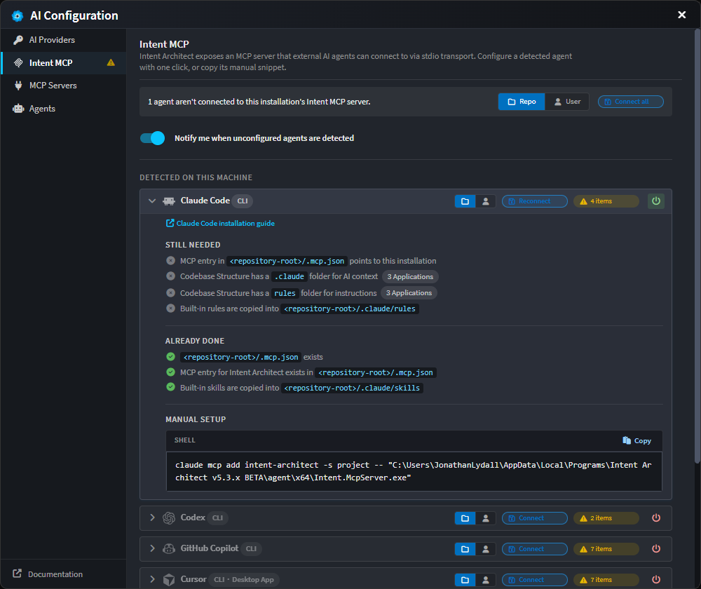 The Intent MCP tab listing per-agent connection rows