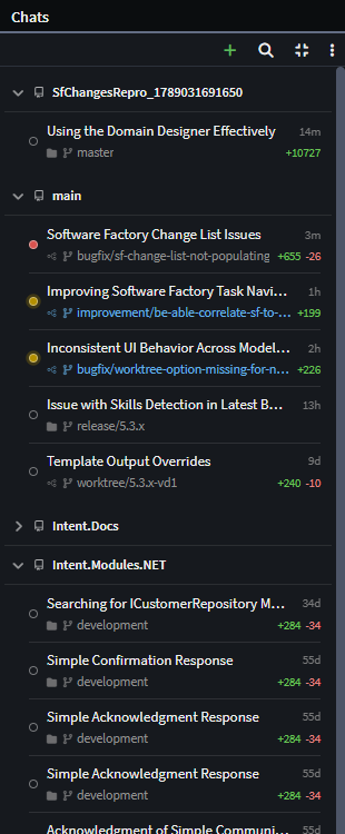 The conversation board grouped by repository, showing churn badges and status indicators