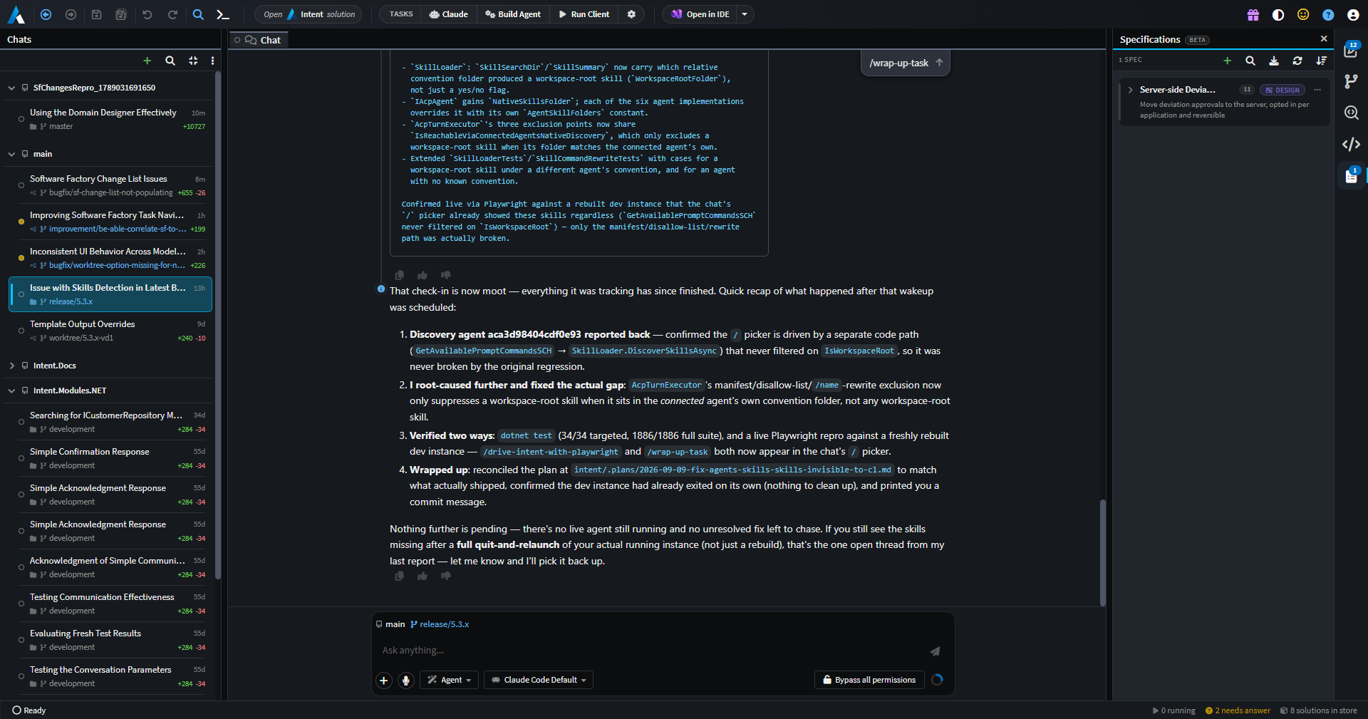 The Manage Agents window, with the conversation board, chat and right panel