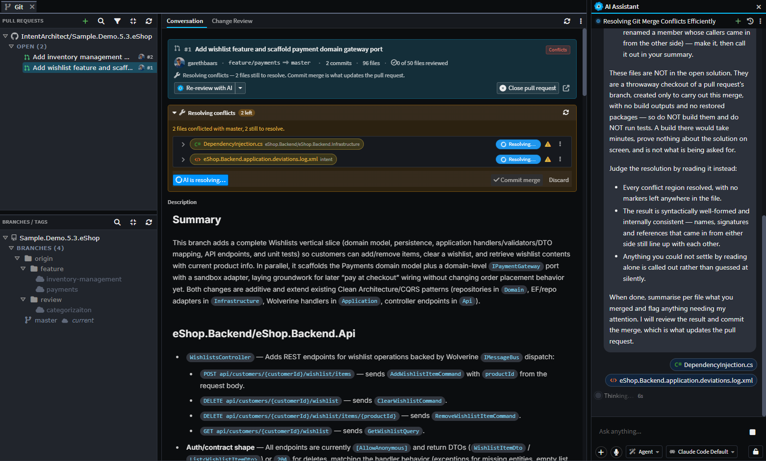 Resolving pull request conflicts in an isolated worktree