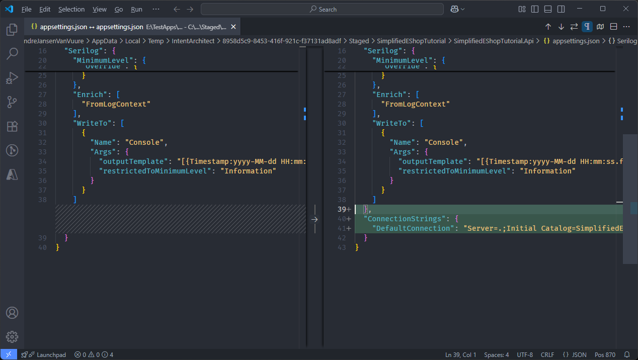 appsetting.json diff shows newly added connection string