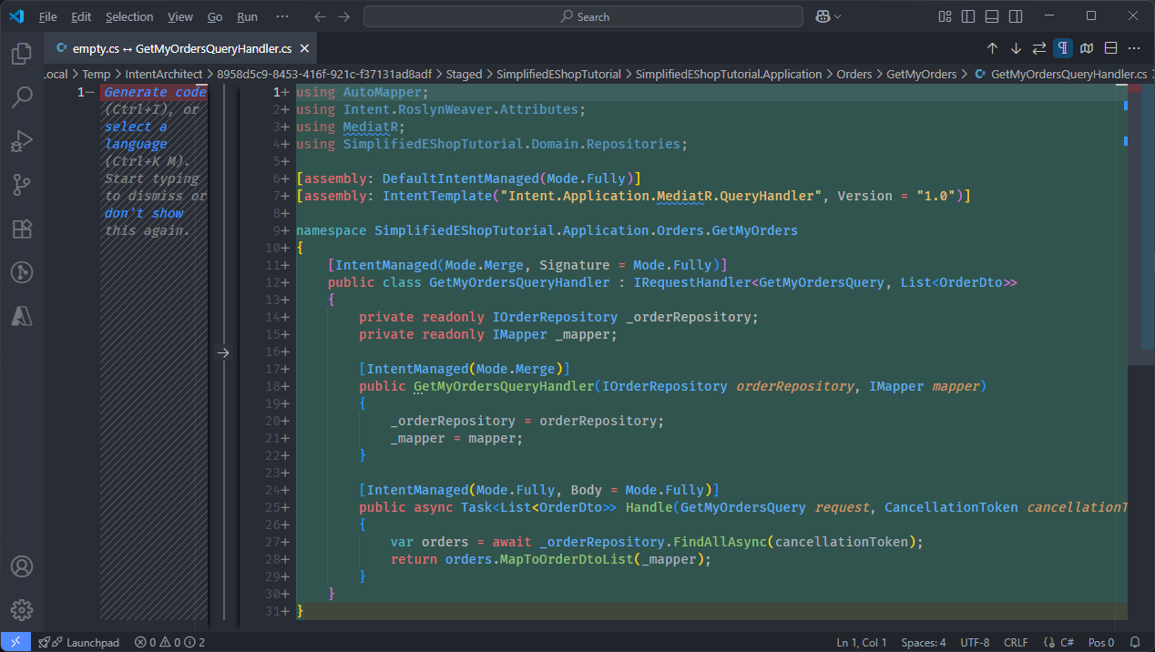 Default GetMyOrdersQuery implementation