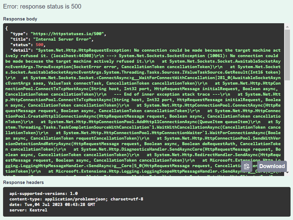 Sample HTTP 500 with Exception Stack Trace