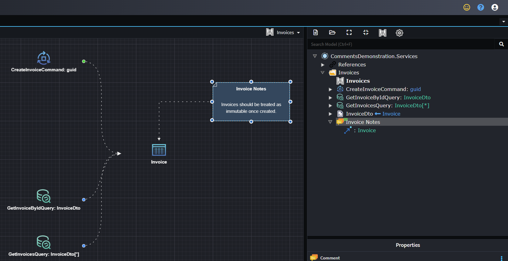 Example of a comment in the services designer