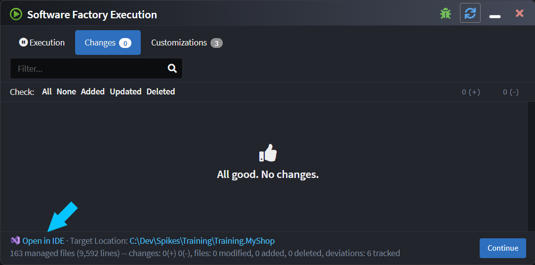 Open in IDE feature on the Software Factory screen
